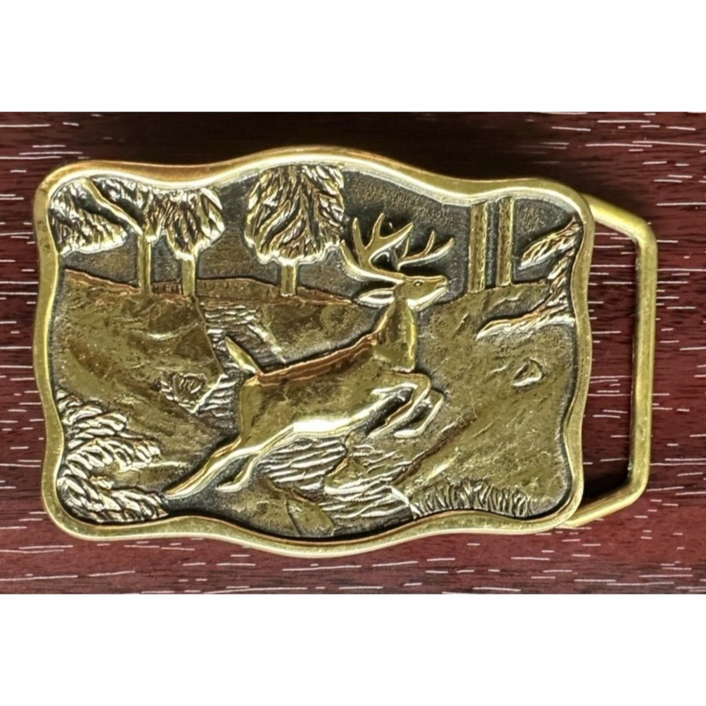 Buck Deer Stag Belt Buckle Hunter Cowboy Forest Brass Vtg 1983 BTS Made in USA
